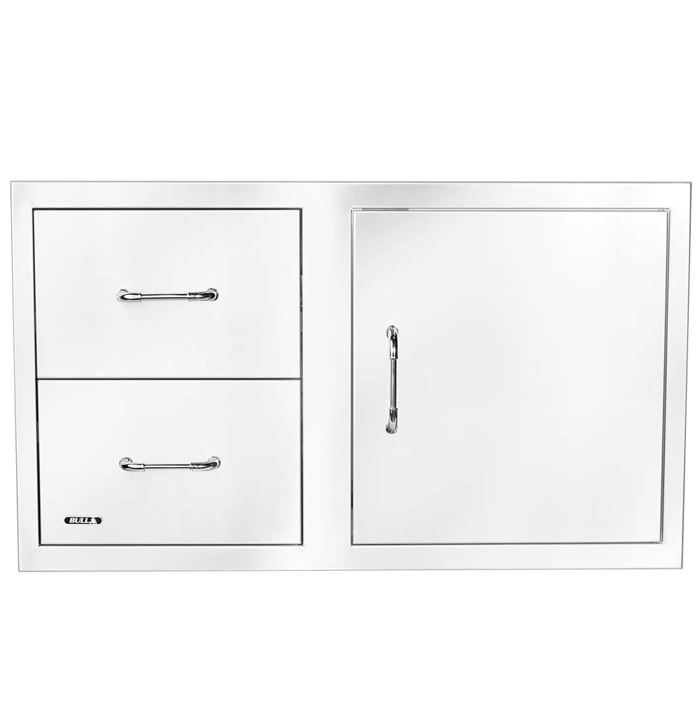 Reversible access door with two drawers, chrome bar pulls and vertical latch handle