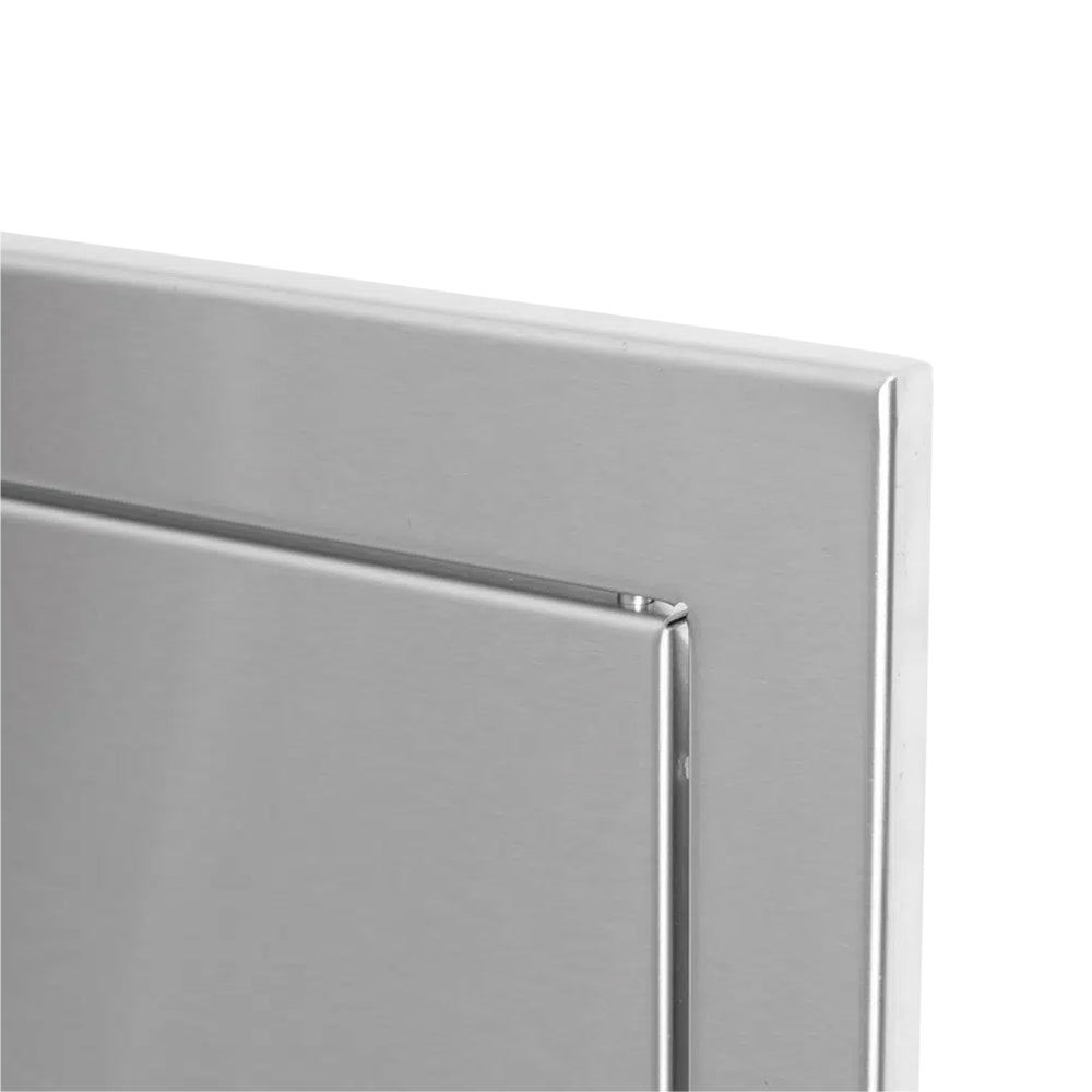 Reversible access door corner with metal frame edge and handle detail