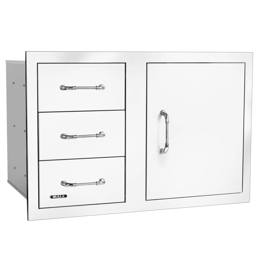 Three-drawer access cabinet with two-panel door and chrome bar pulls, 30-inch size