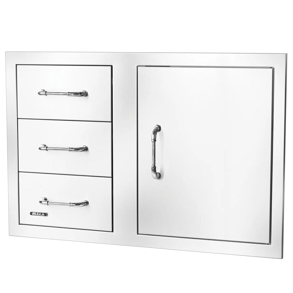 Access cabinet with three drawers and recessed chrome handle on right door panel