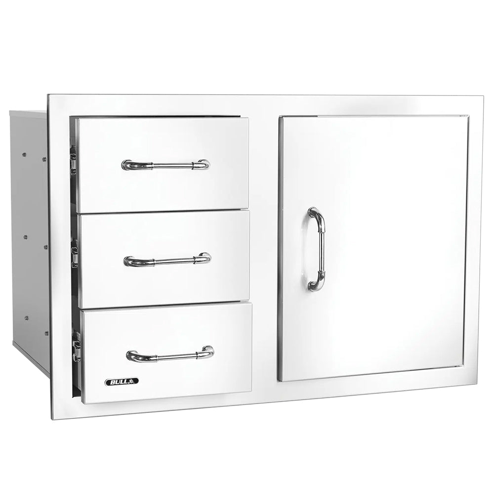 Recessed three-drawer access cabinet with right door panel and chrome pull handle
