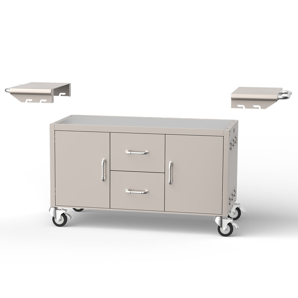 Bull grill cart with two doors, center drawer, and caster wheels