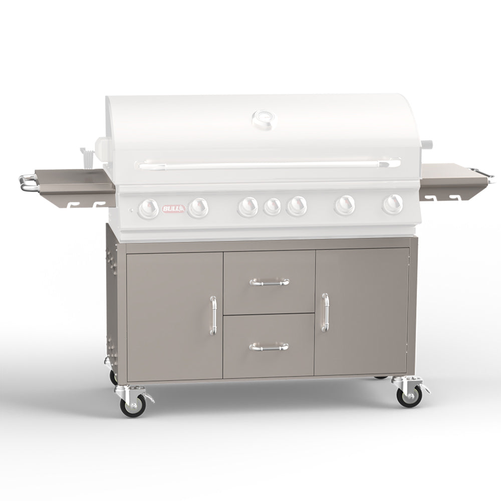 Bull grill cart with closed grill lid, side shelves, and control knobs