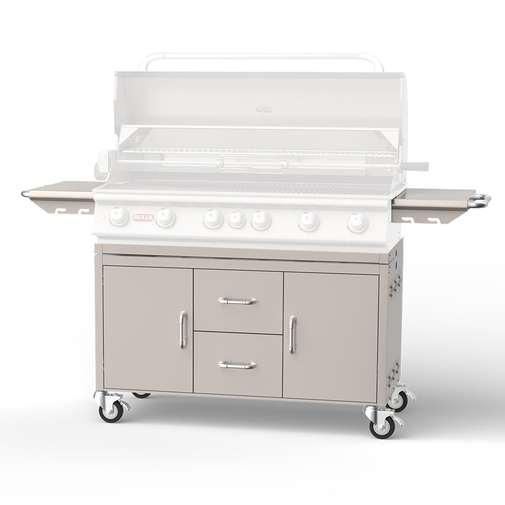 Bull grill cart with open grill lid, burner row, and storage doors