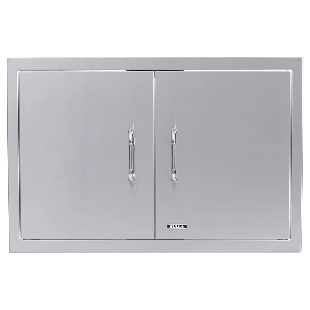Metal double access door with two latches and split swing panels, 30-inch size.