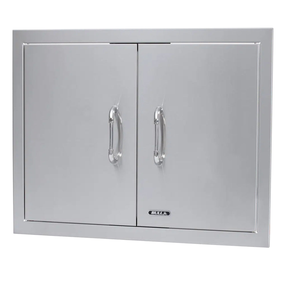 Double access door with two handles and metal frame, stainless finish