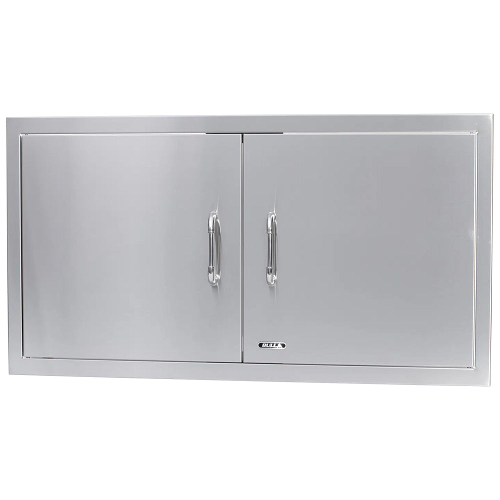 Metal double access door with two handles and central latch plate, 38-inch