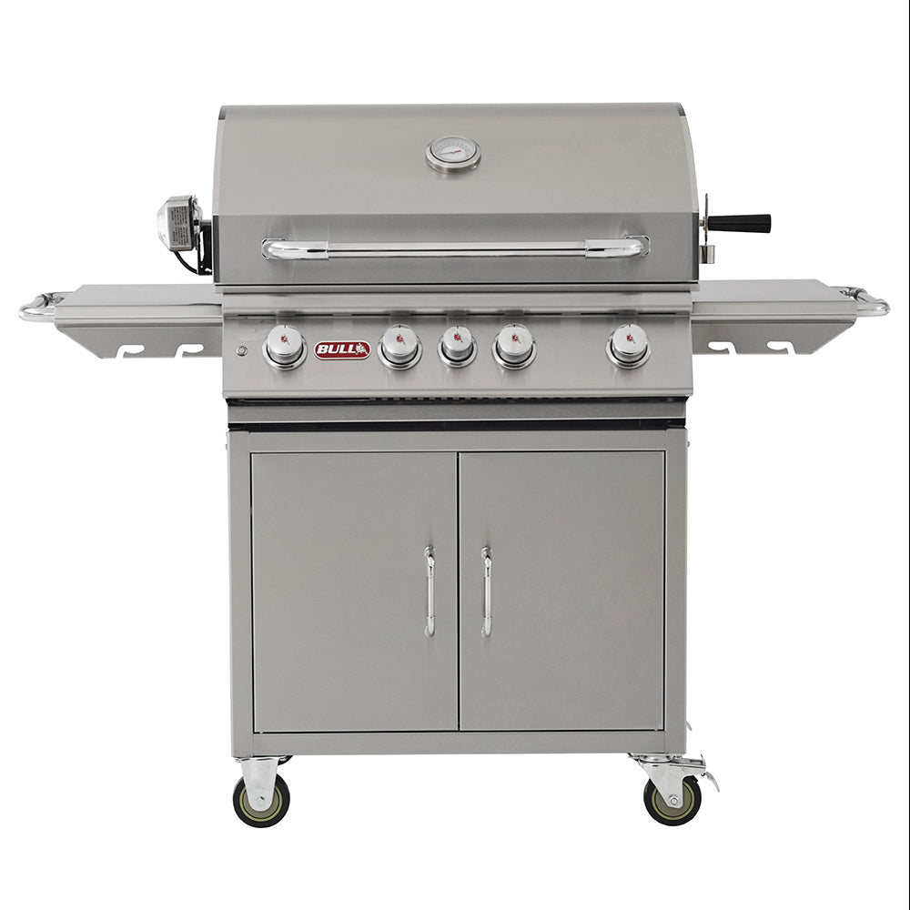 30-inch stainless steel gas grill on cart, front view with control knobs and side shelves