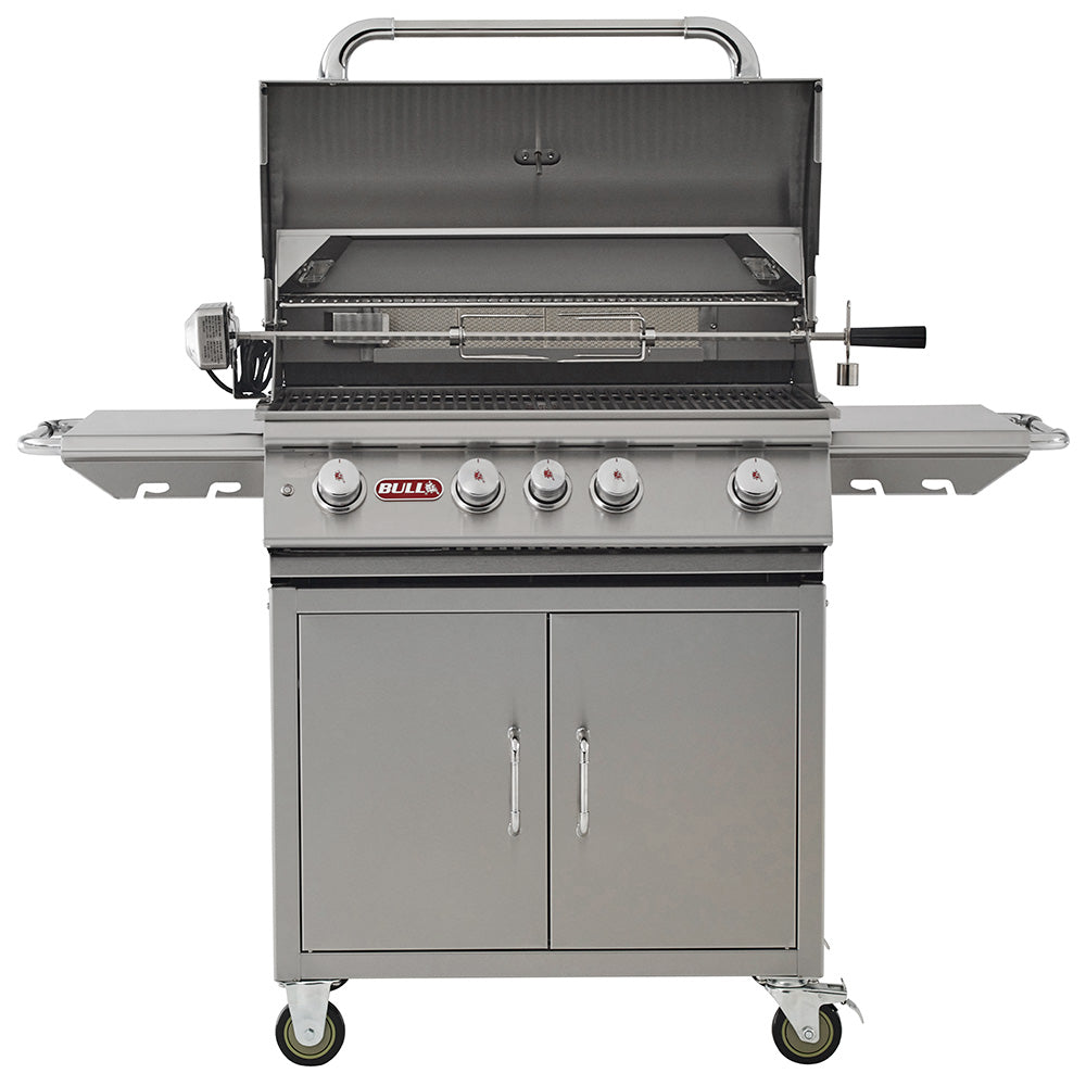 30-inch gas grill on cart with lid open, cast grill grates and control panel view
