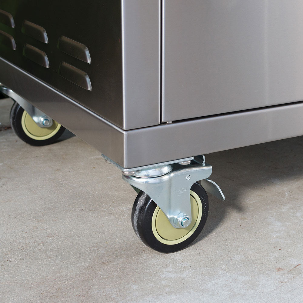 Gas grill cart base with locking caster wheels and metal cabinet corner
