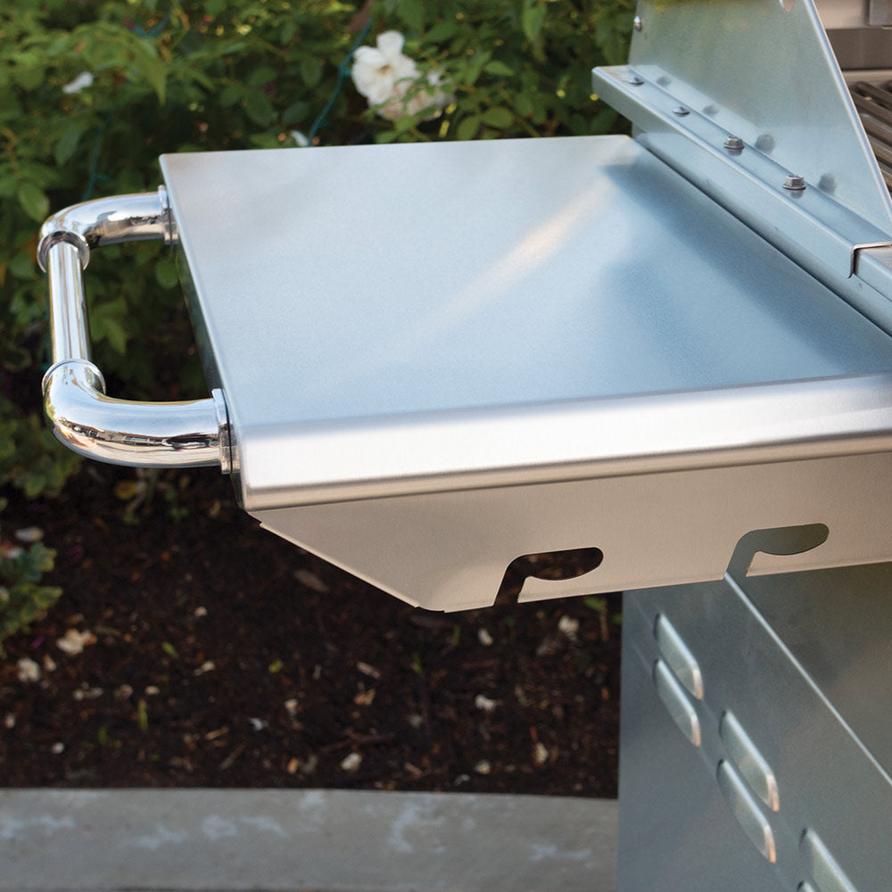 Gas grill side shelf and front panel with door handles