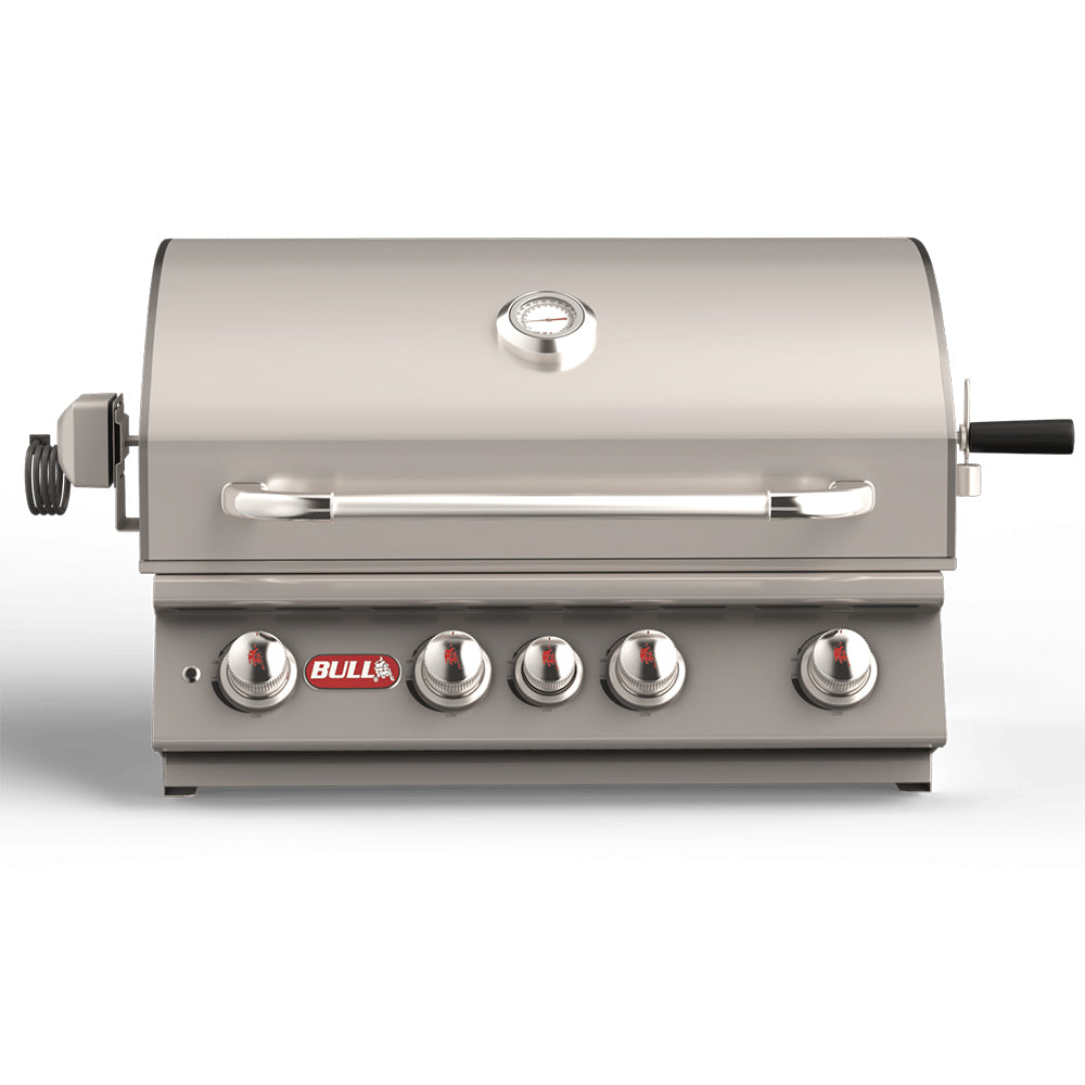 Stainless steel outdoor grill with lid handle, thermometer, and 5 control knobs