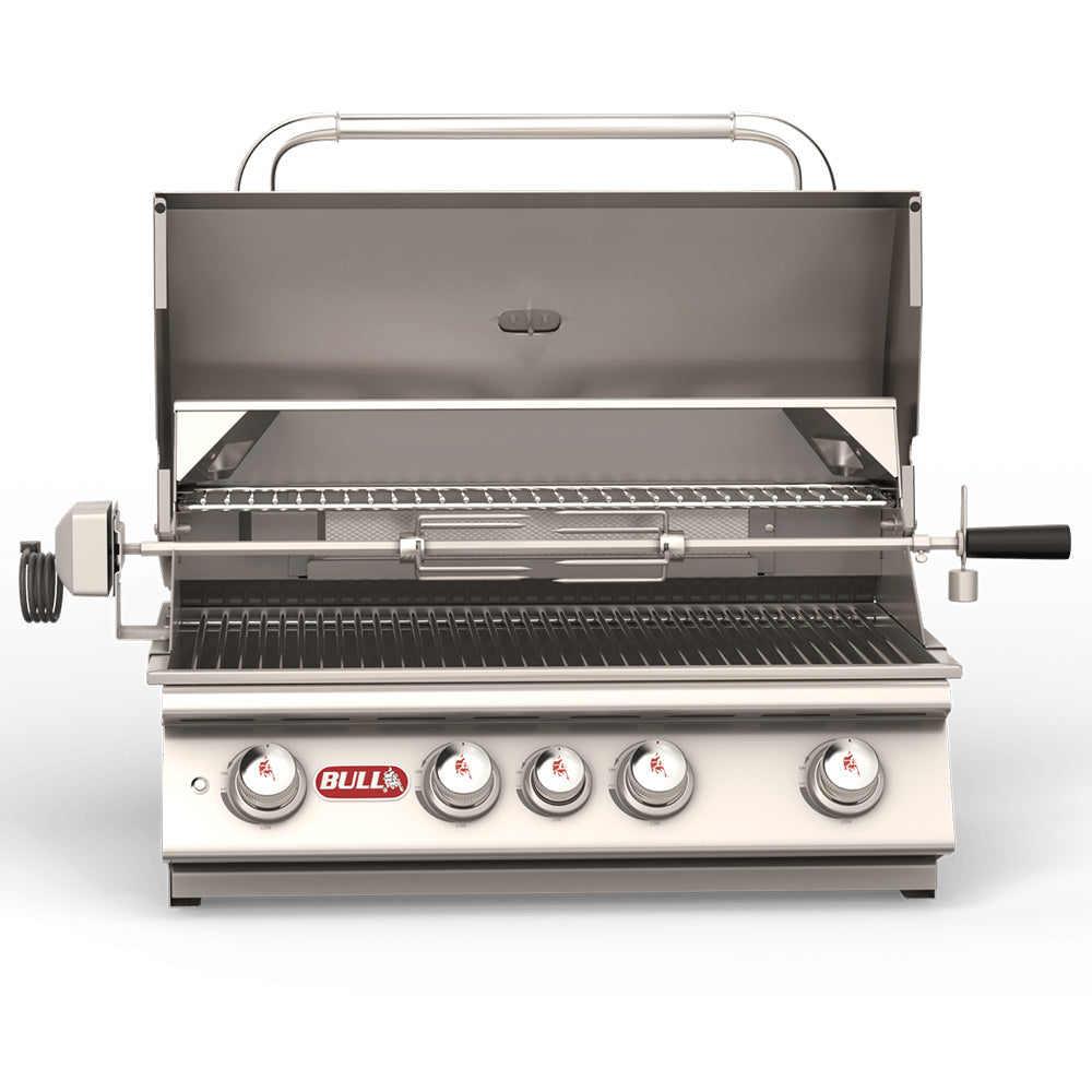 Built-in stainless steel grill with open lid, cooking grates, and control knob panel