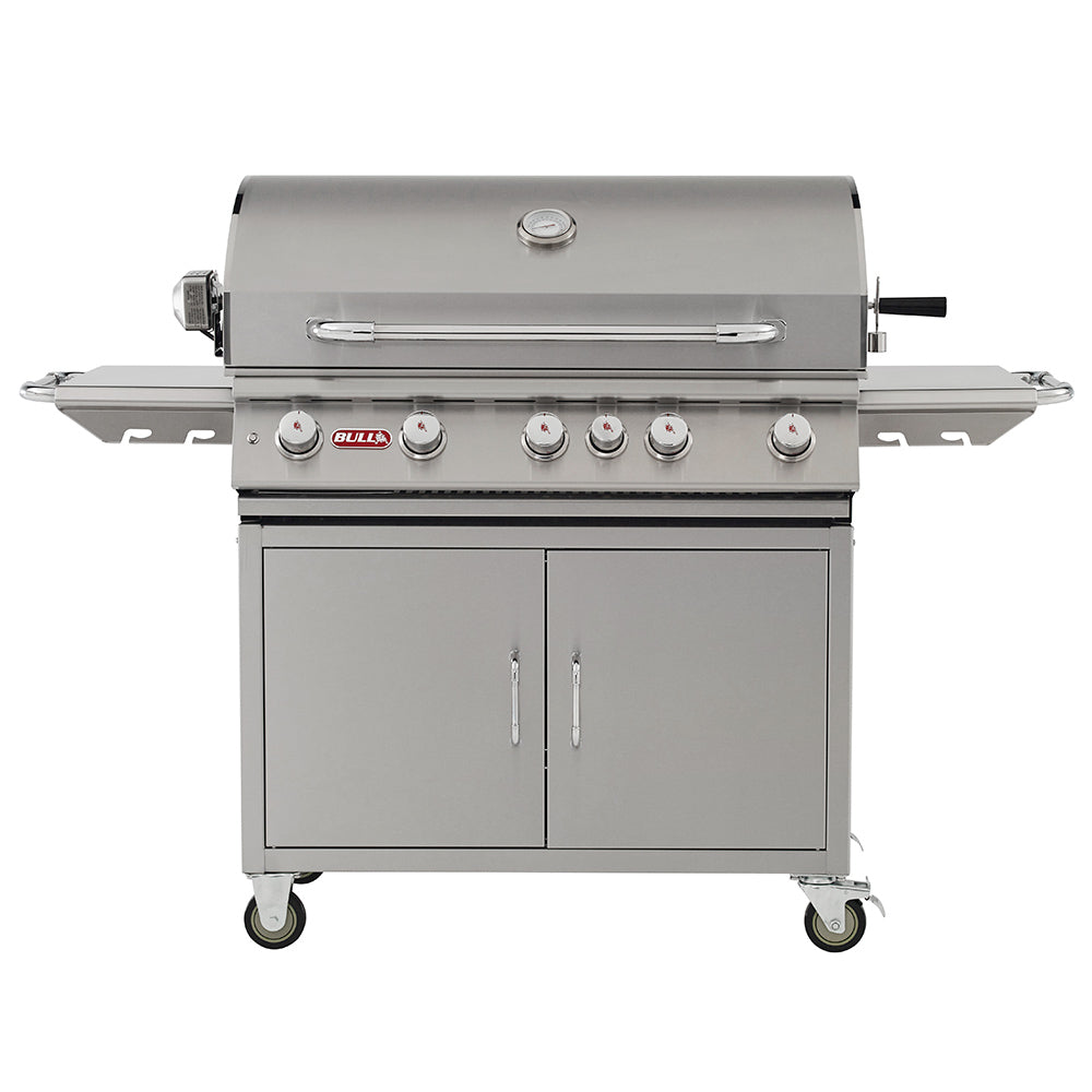 Stainless steel gas grill on cart with control knobs and closed hood