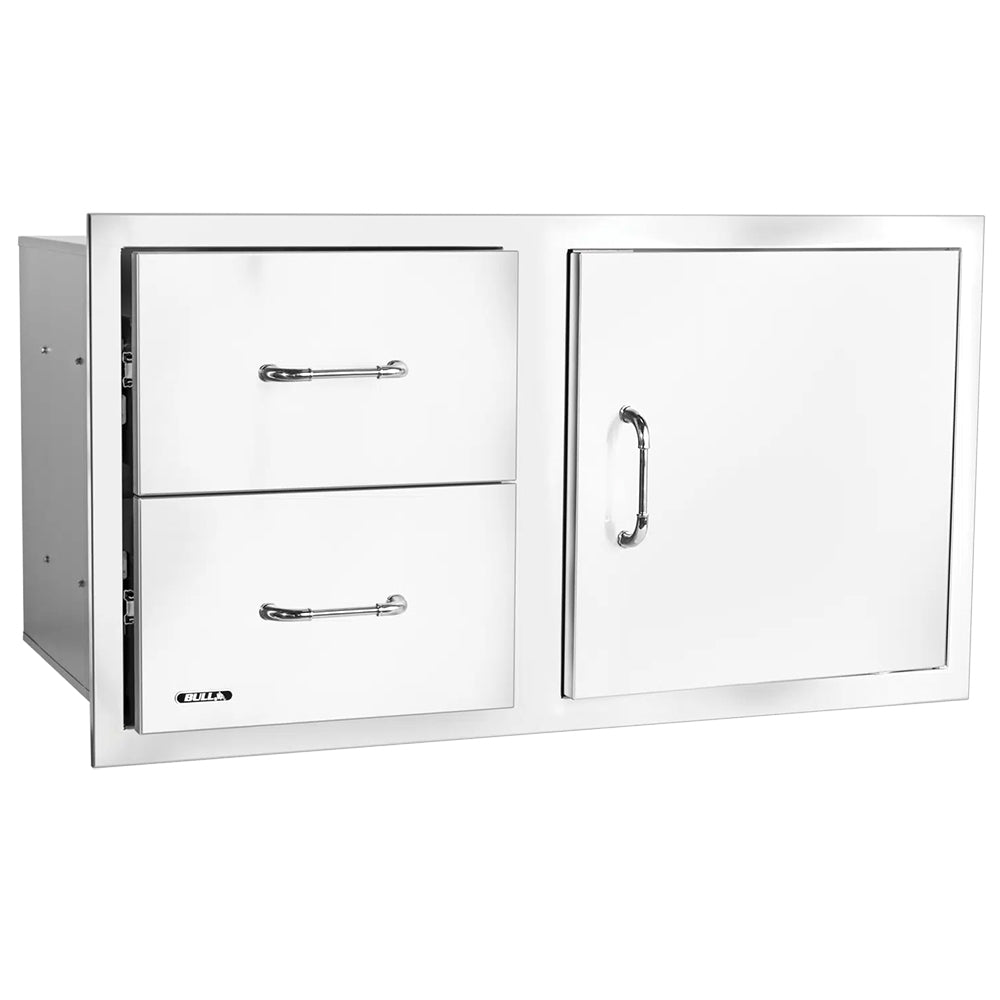 Access door and two-drawer combo with white panels and chrome handles