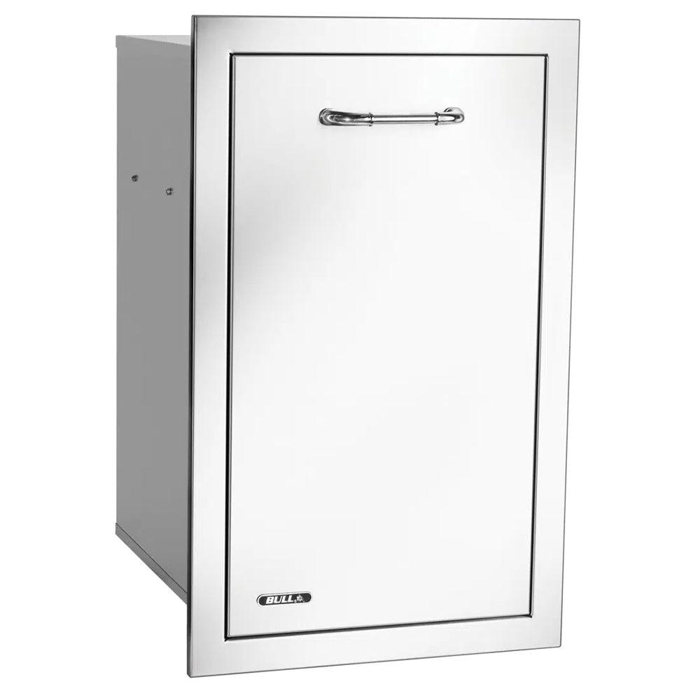 Double trash and recycle pull-out drawer with chrome bar handle, brushed silver front