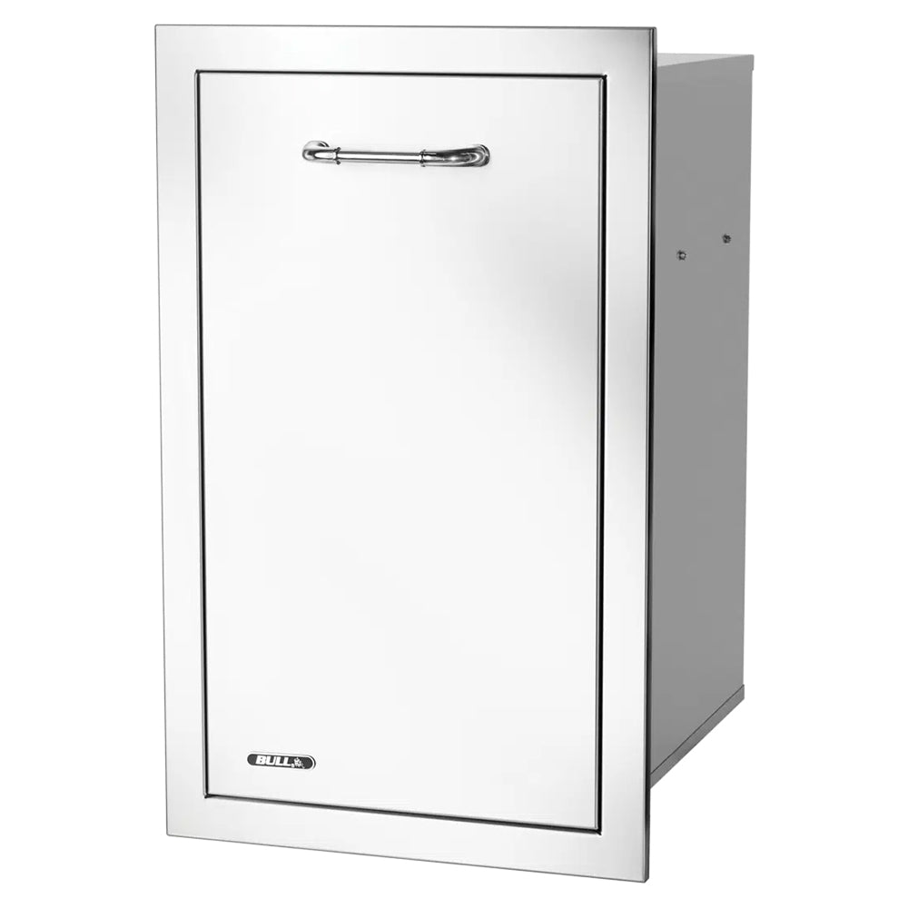 Double trash and recycle pull-out drawer with chrome bar handle, recessed border on silver front
