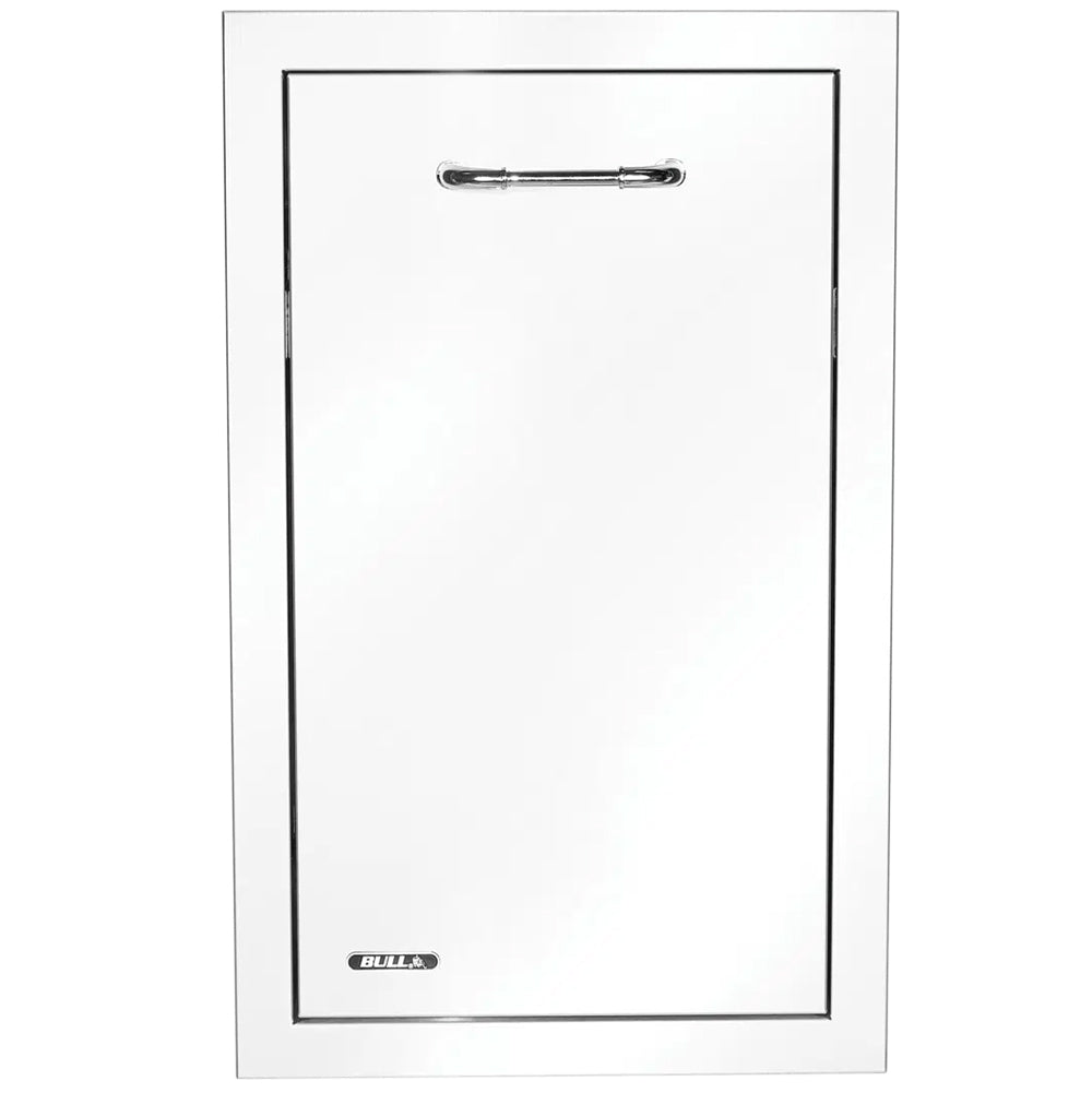 Double trash and recycle pull-out drawer with chrome bar handle and Bull logo, silver front