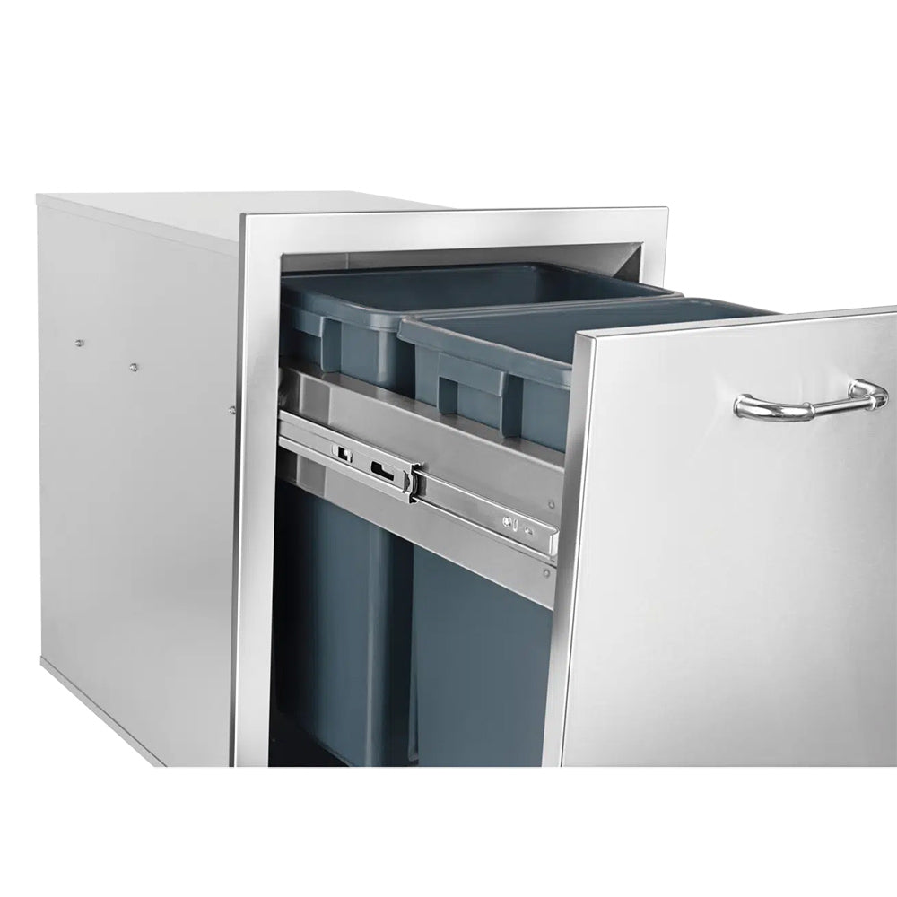 Pull-out double trash and recycle drawer with two blue bins and chrome side handle