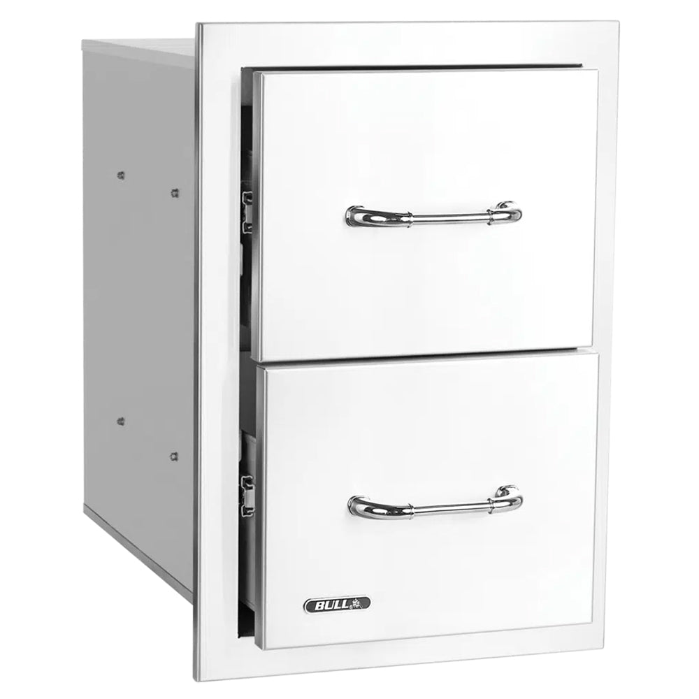 Bull double access drawer with two white panels and chrome handles, front view