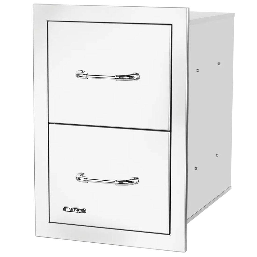 Bull double access drawer front with two compartments, chrome pull handles and black trim