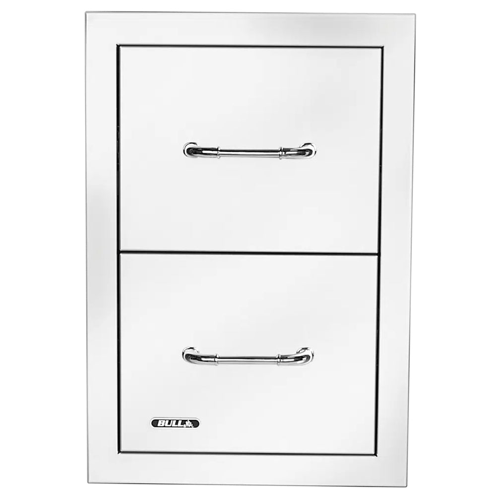 Bull double access drawer front view with two doors, chrome pull handles and Bull logo