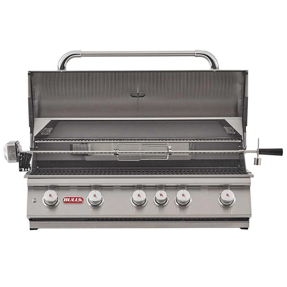 Stainless steel built-in gas grill with open hood and grill grates visible