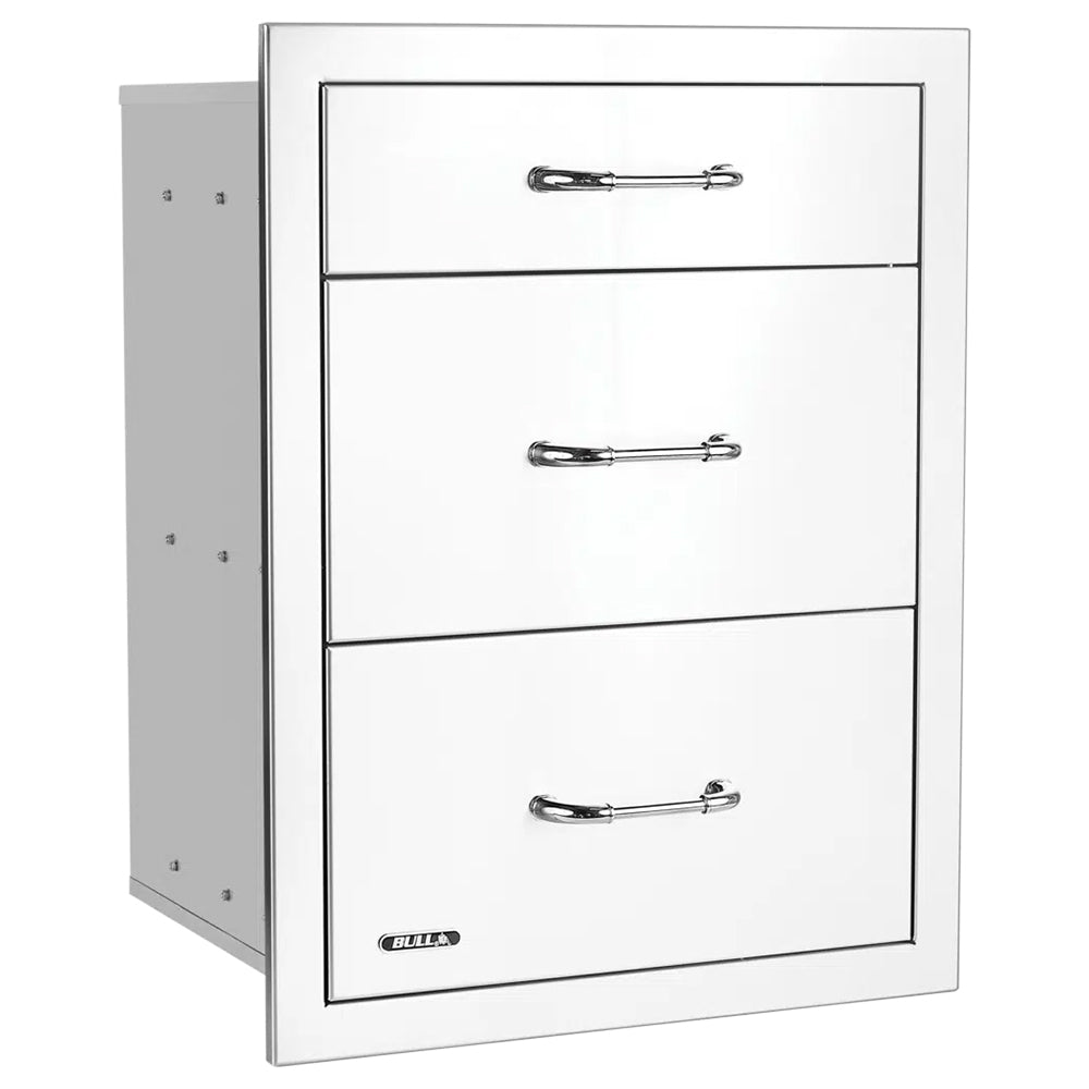 Triple drawer cabinet with three white drawers and chrome bar handles