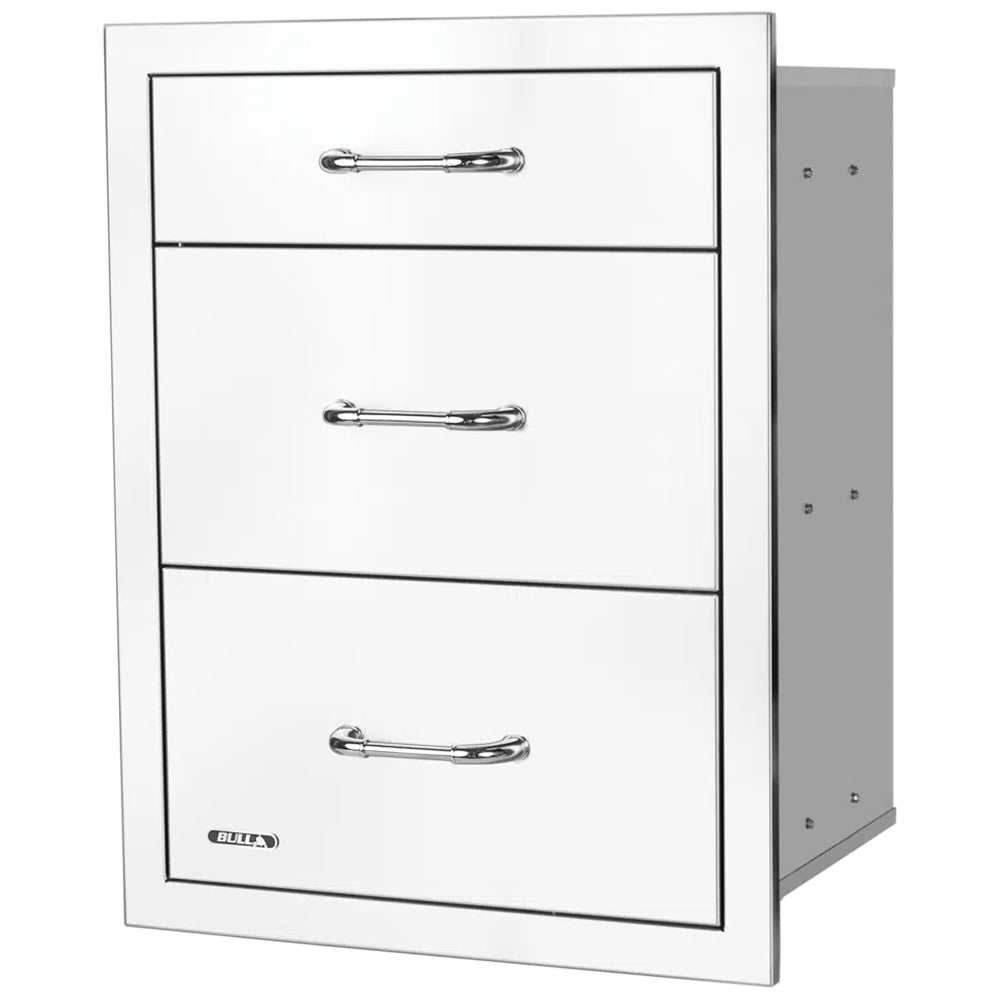 Front view of triple drawer cabinet with three chrome pull handles
