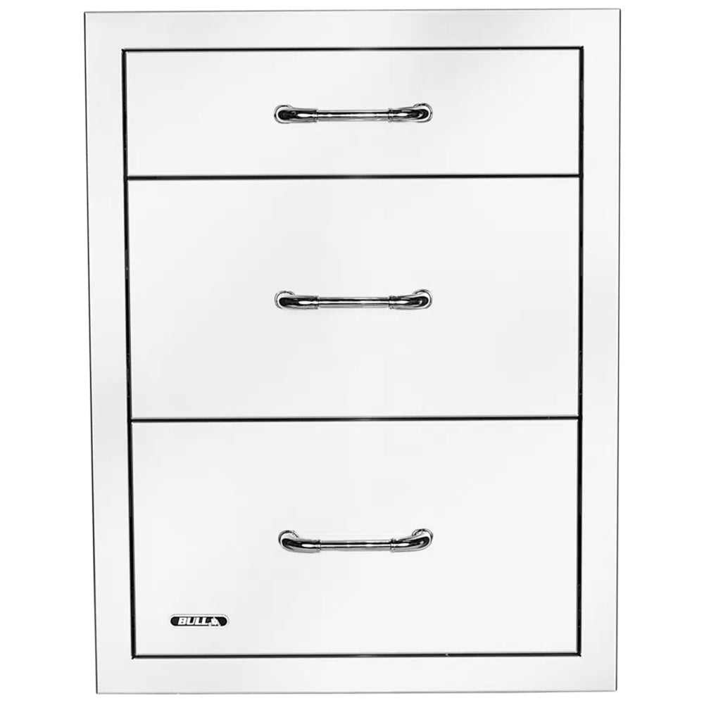 Triple drawer cabinet front with three chrome bar handles and logo