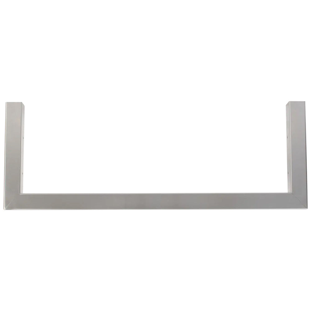 Metal finishing frame with two upright legs and a flat base bar