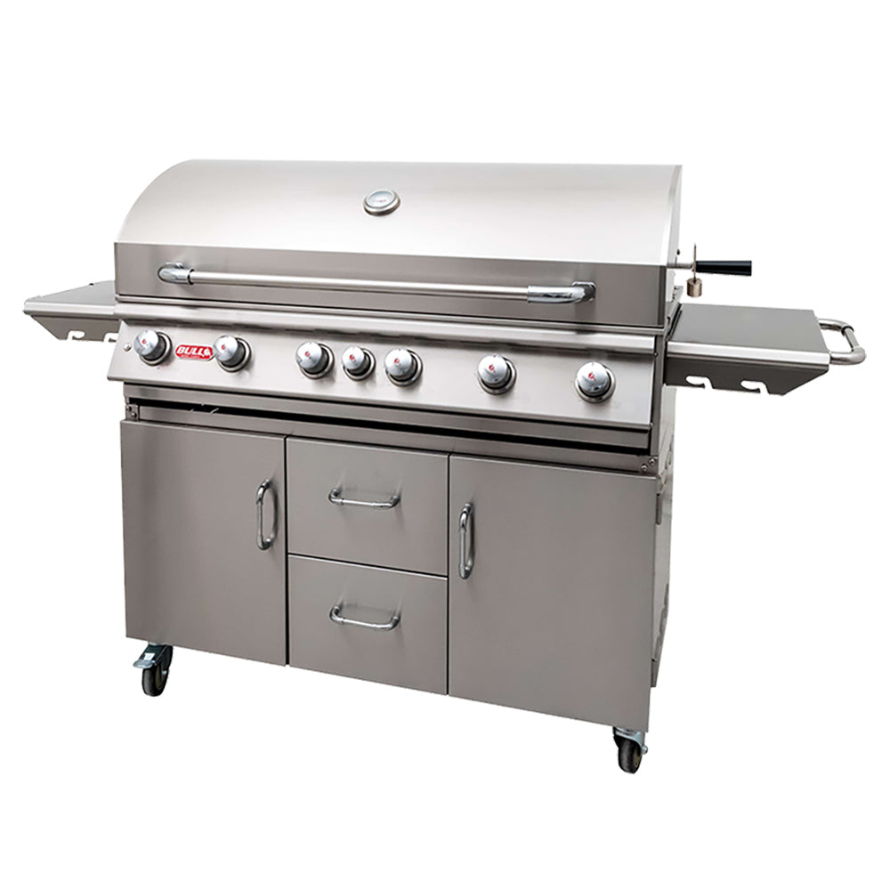 Stainless 46-inch gas grill on rolling cart with closed lid and control knobs