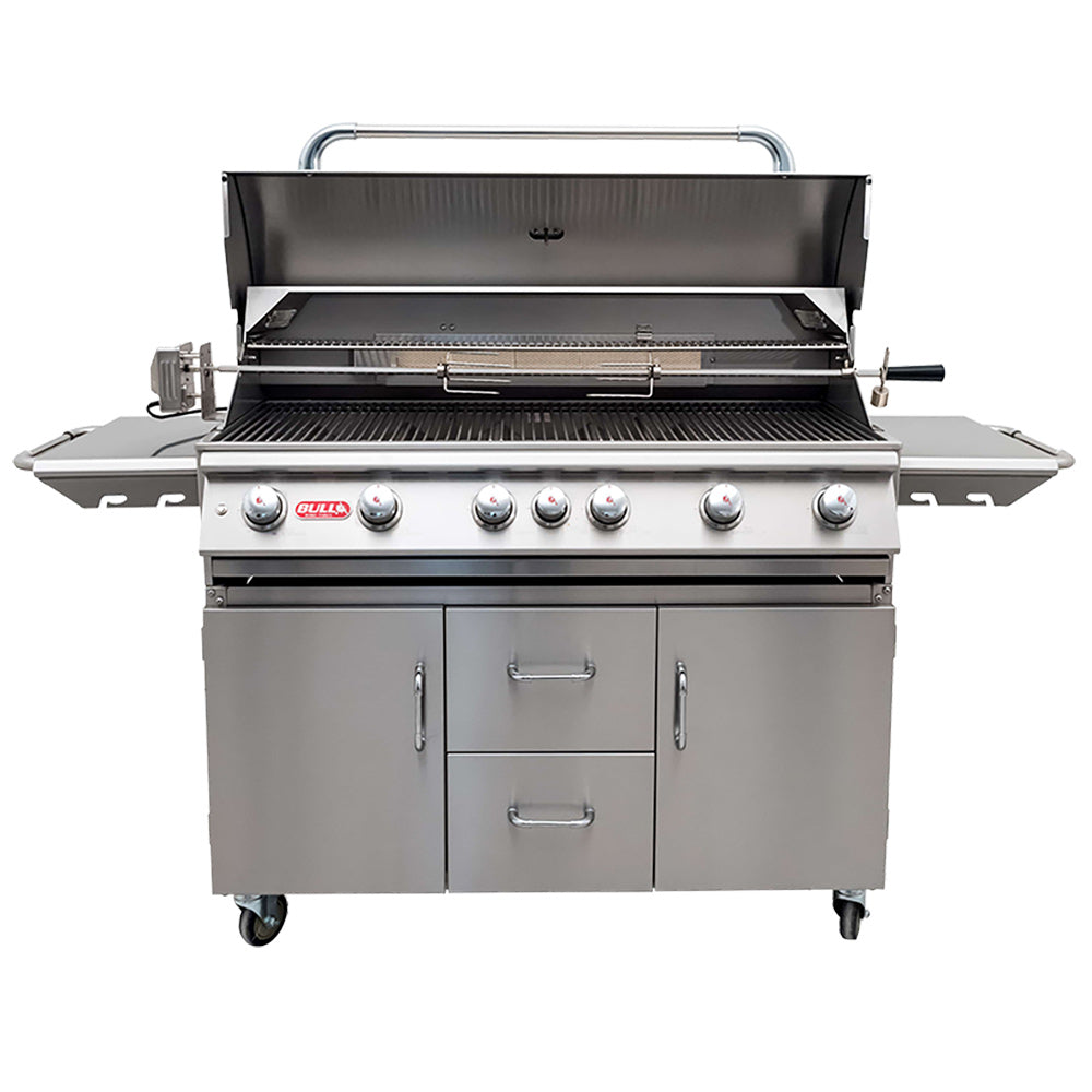 Open stainless gas grill with lid, cooking grates, and front control knobs on cart