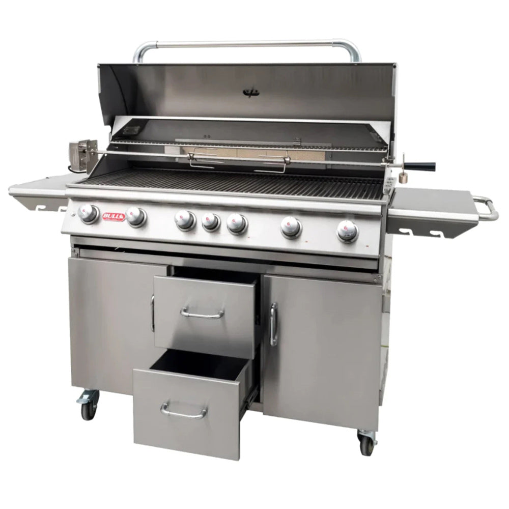 Open stainless gas grill with side cabinet and storage drawer on rolling cart