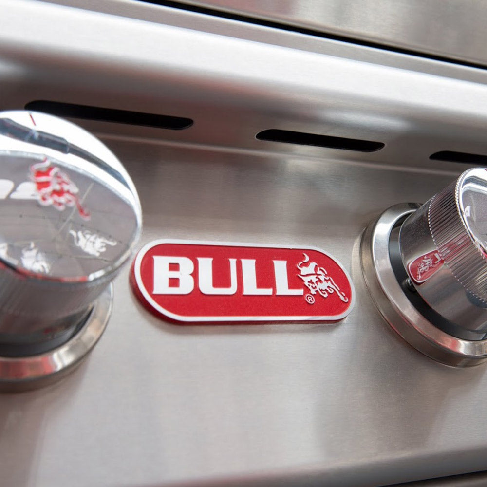 Stainless grill control panel with BULL logo and burner control knobs