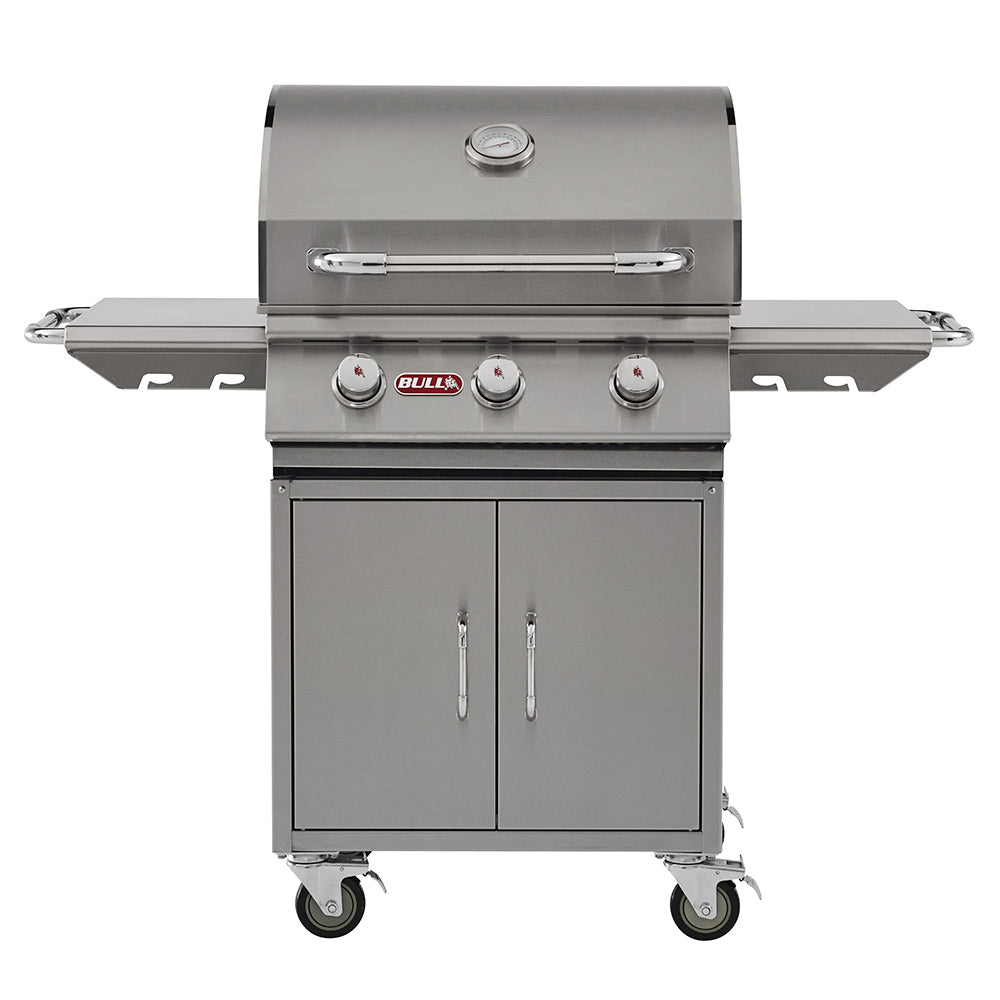 24-inch stainless steel gas grill on cart with two-door cabinet and side shelves