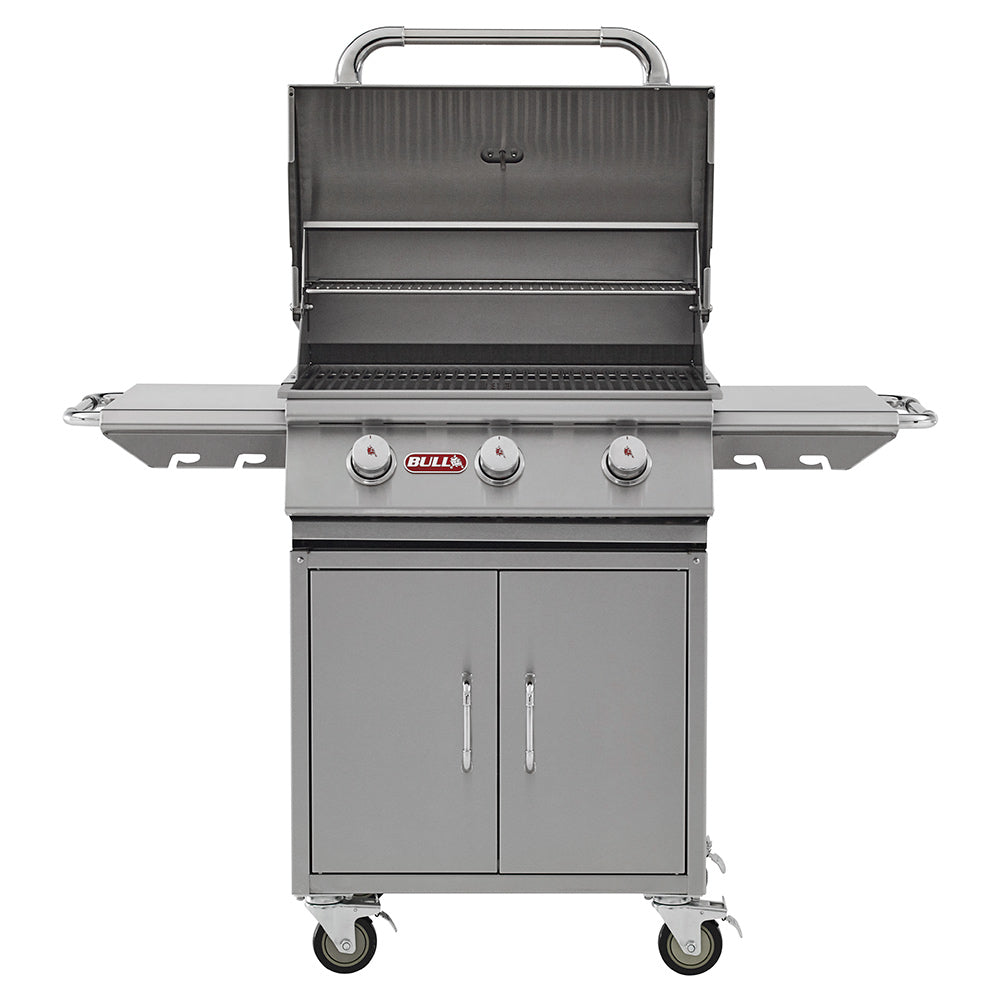 24-inch gas grill on cart with open lid, cooking grate, and two cabinet doors