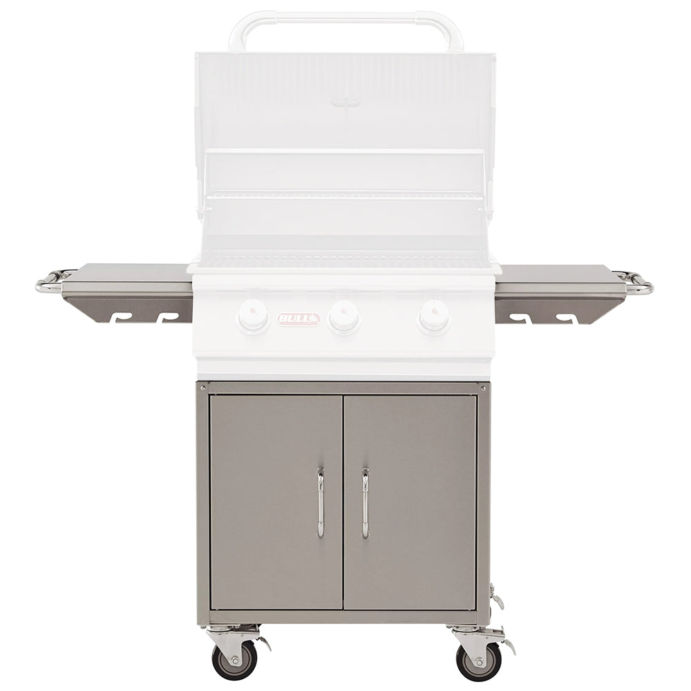 24-inch grill cart base with two-door cabinet, caster wheels, side shelves