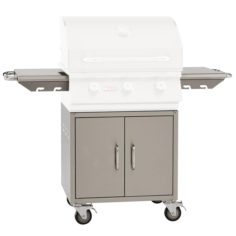 24-inch grill cart base with white top, two-door cabinet and four caster wheels