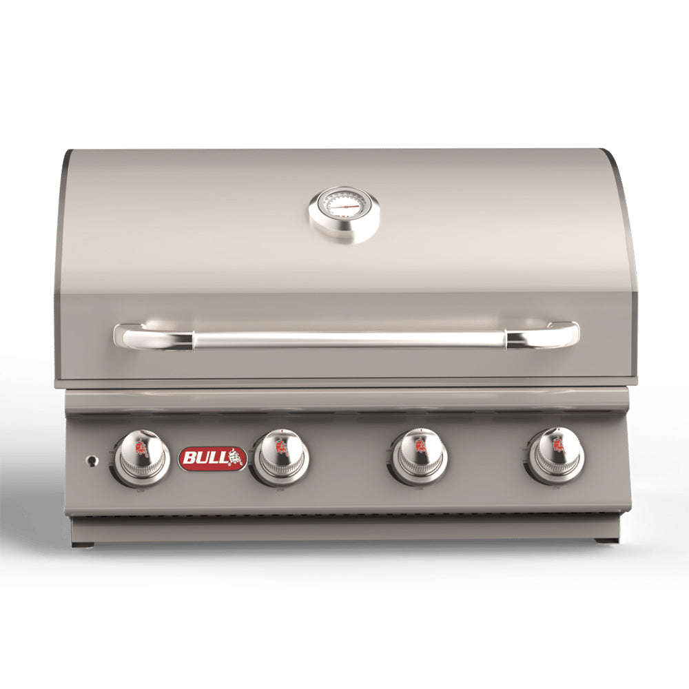Built-in stainless steel grill with lid, side handle, and four control knobs