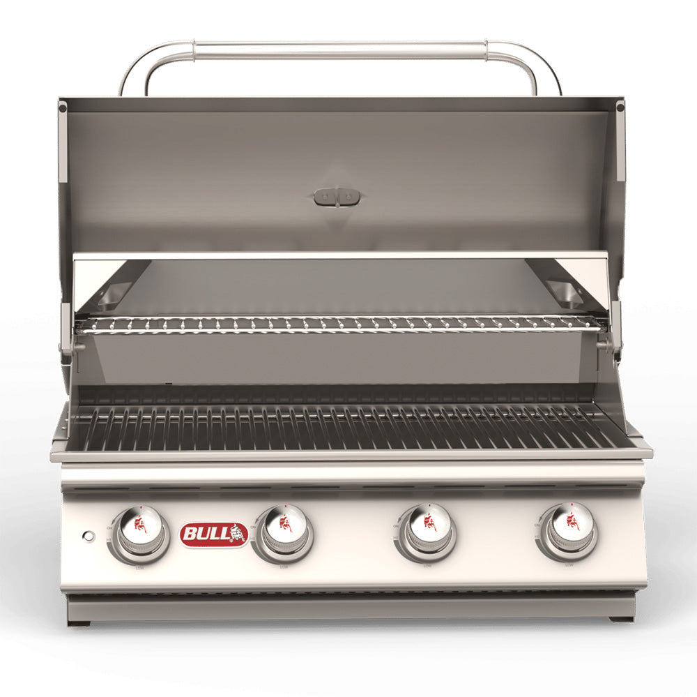 Open built-in stainless grill with cooking grates and four front burner knobs