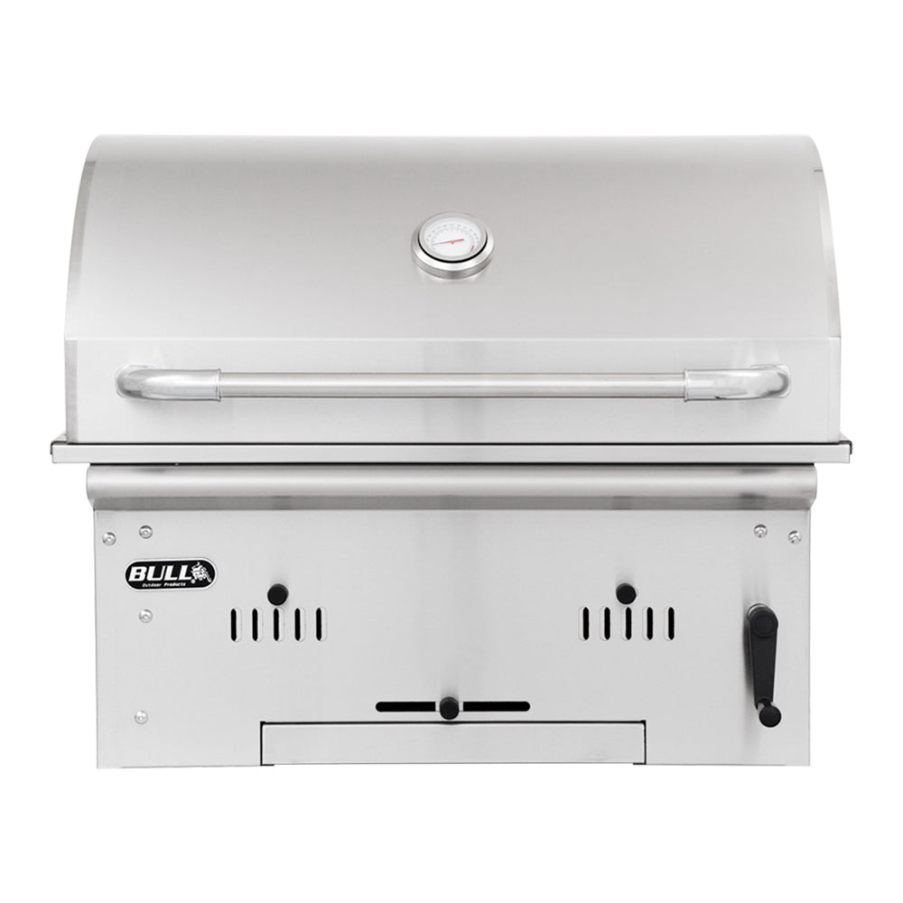 Stainless steel charcoal grill with built-in lid and front control panel