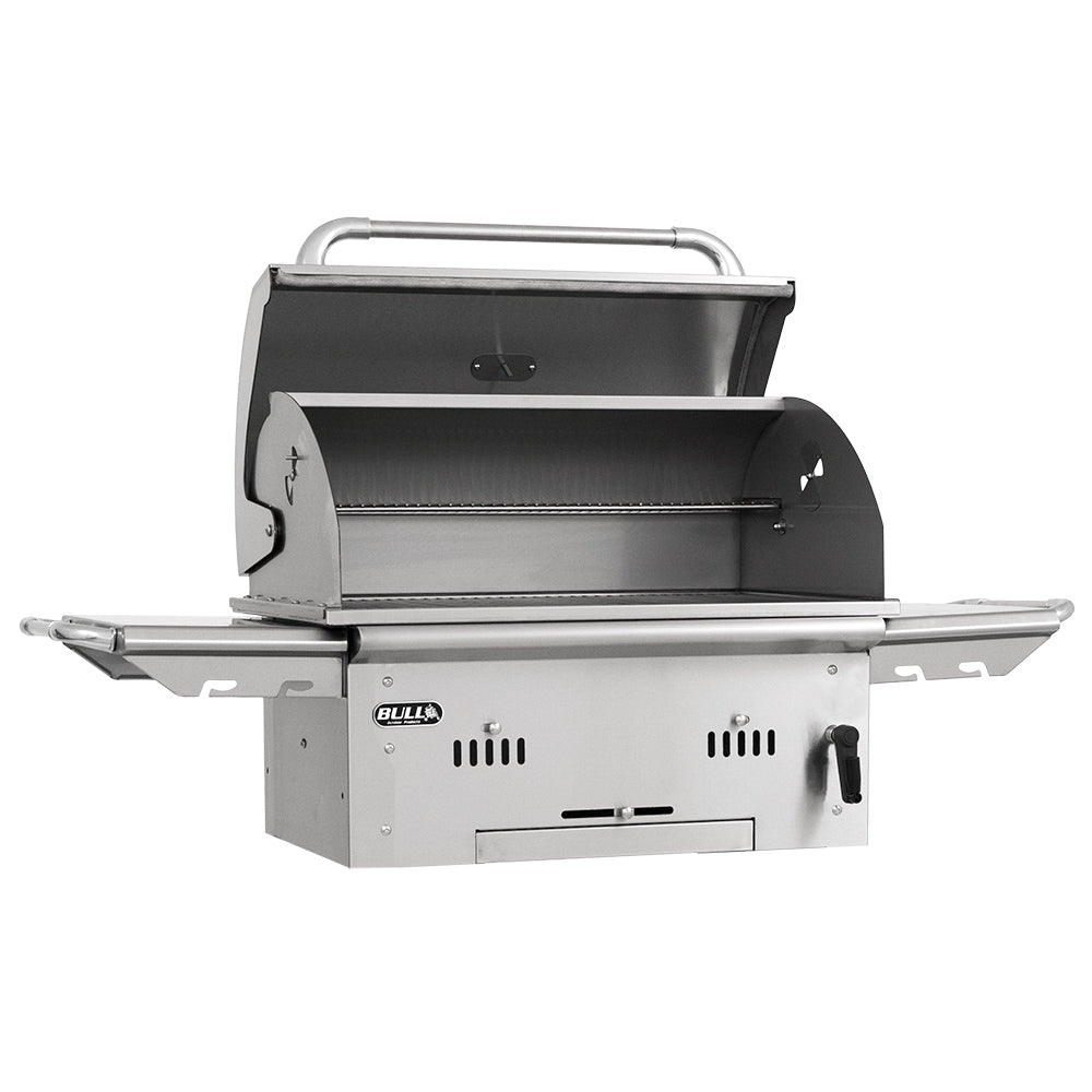 Charcoal grill with open lid, front shelf, and control knobs on grill body