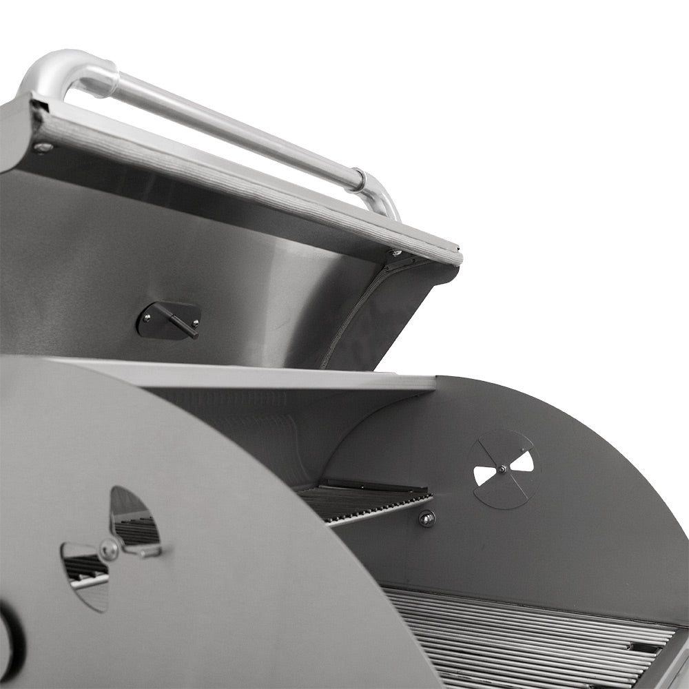 Charcoal grill lid and curved firebox opening with internal baffle plate