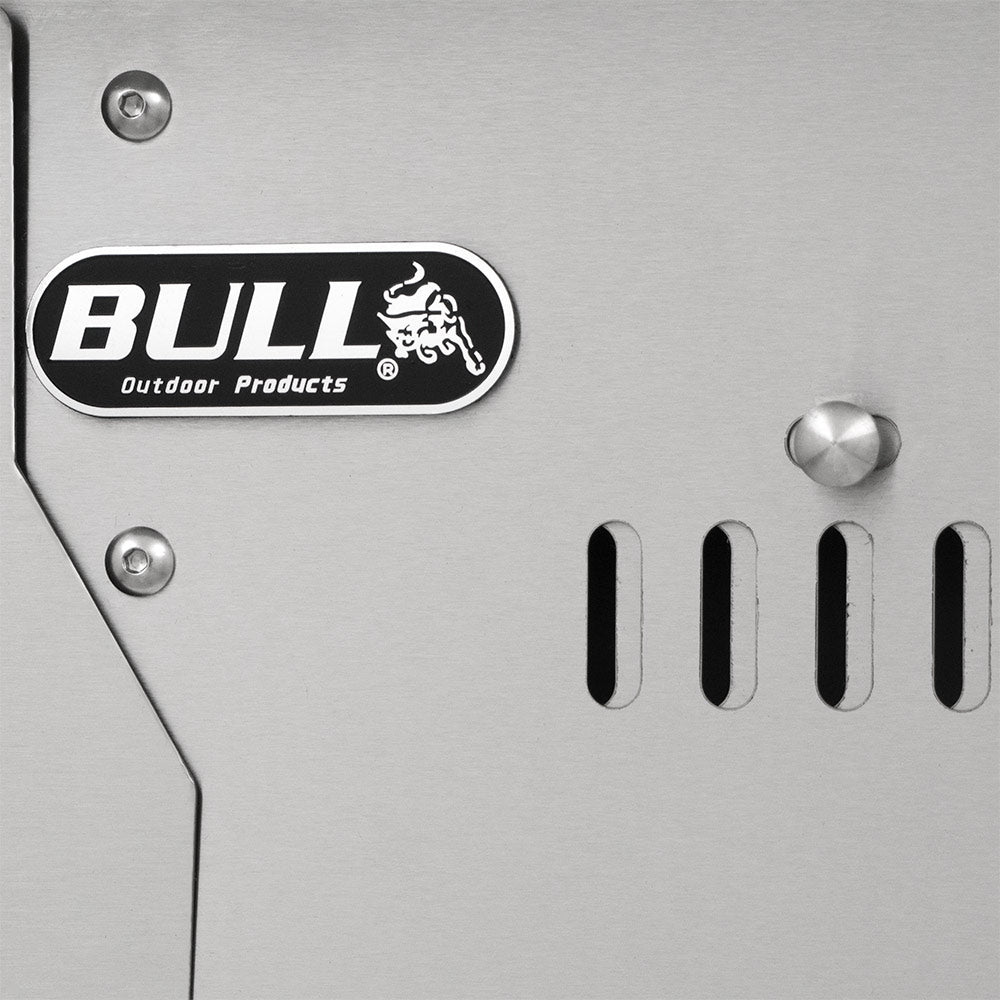 BULL Outdoor Products logo and side air vents on stainless charcoal grill panel