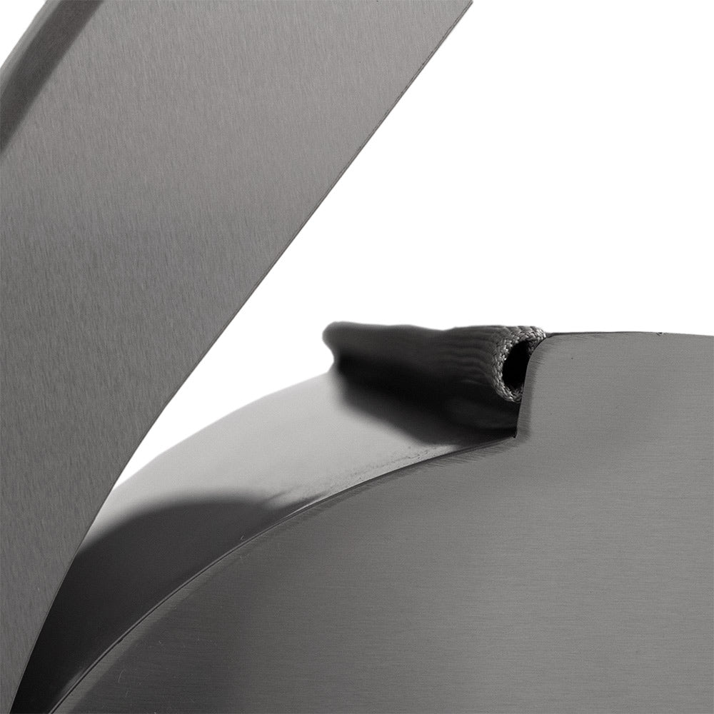 Charcoal grill lid hinge and vent opening on stainless hood