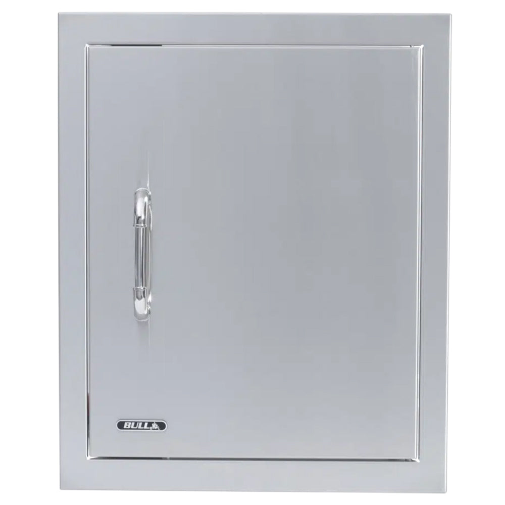 Metal vertical access door with chrome latch handle and Bull logo