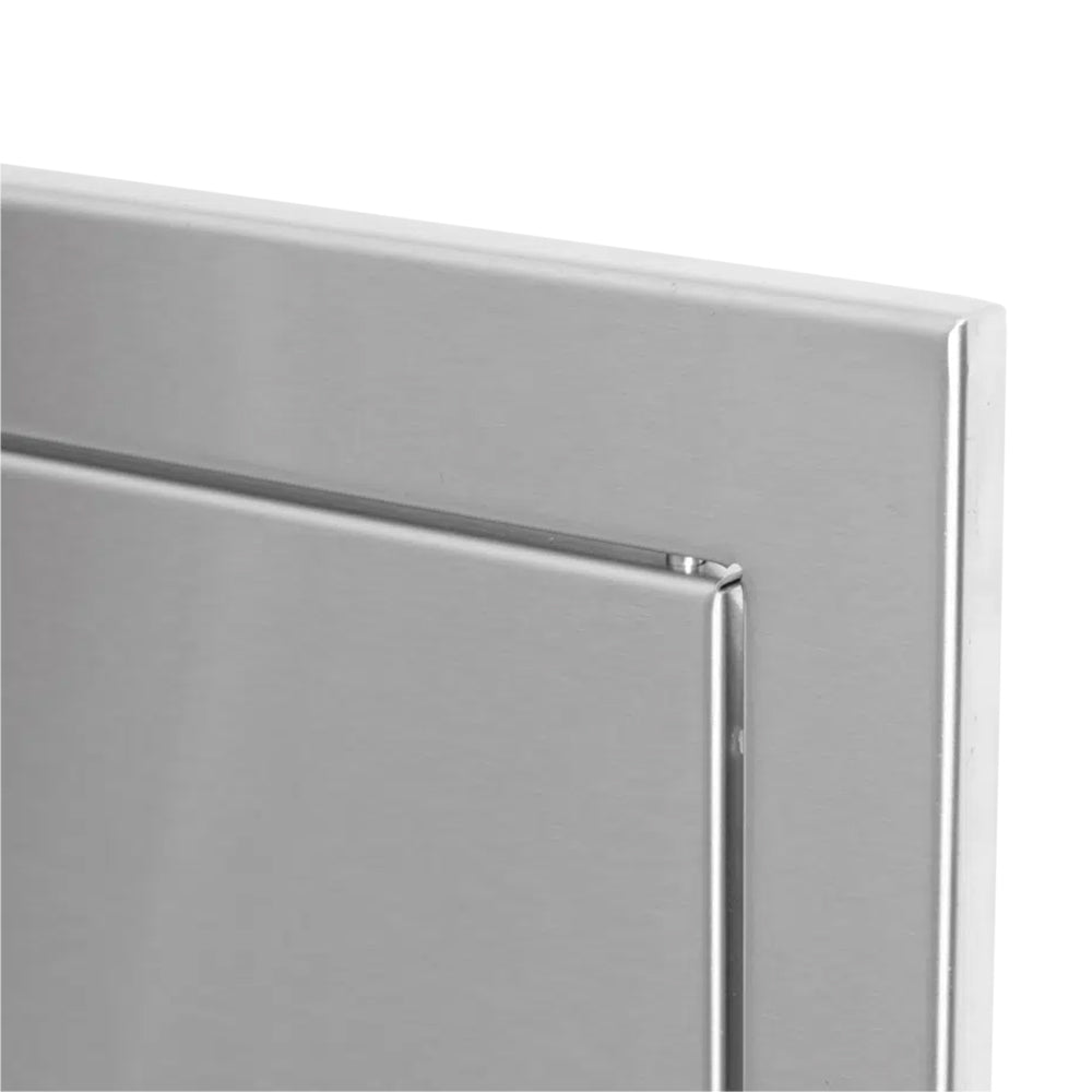 Vertical access door top corner with metal frame and latch pin