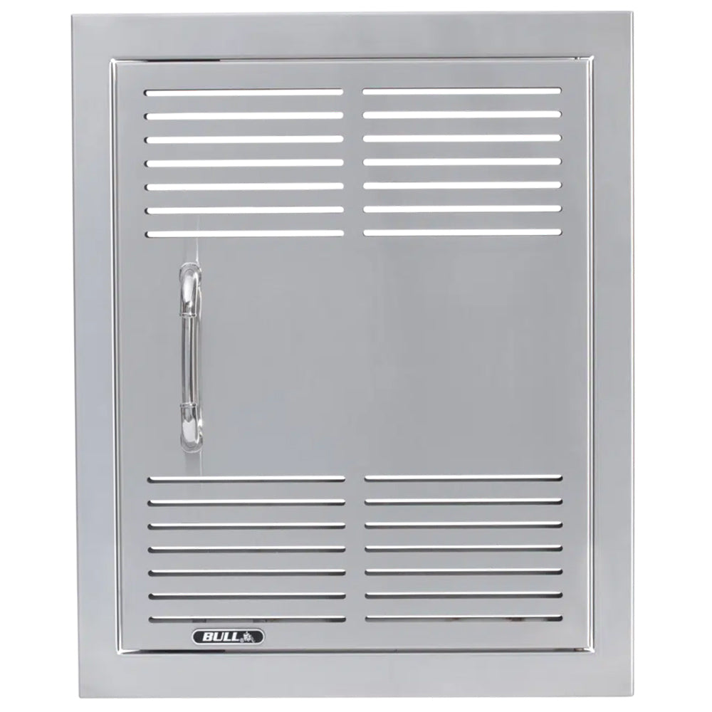 Stainless vented vertical door with louver grilles and pull handle, Bull logo at bottom