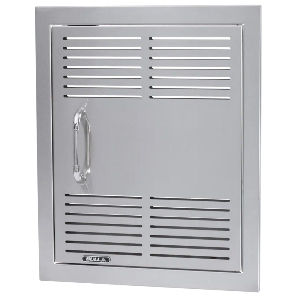 Stainless vented vertical door panel with two louver sections, pull handle on left